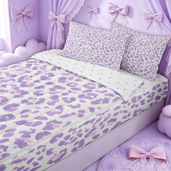 Erosebridal Cheetah Leopard Print Zipper Queen Comforter Set with Fitted Sheet and 2 Pillowcases for Girls, Modern Purple Spot Zipper Bedding Set, Reversible, 4pcs