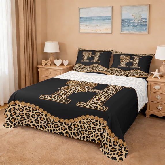 Erosebridal Cheetah Pattern Cute Bowknot Queen Sheet Sets,Leopard Print Personalized Initial Letter H Bed Set For Kids 4 Pieces