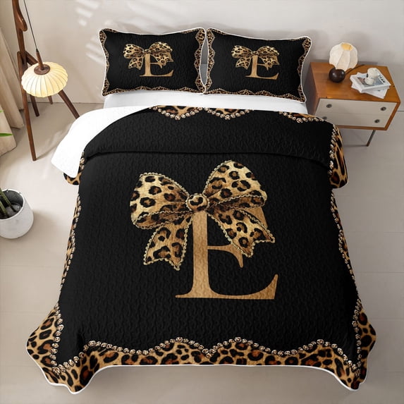 Erosebridal Cheetah Pattern Letter E Quilt King,Kids Leopard Printed King Coverlet Set For Bow Girls,3pcs