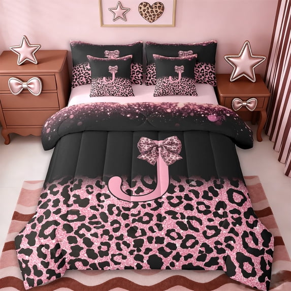 Erosebridal Cheetah Pattern Letter J 7-Piece Bedding Comforter Set,Pink Black Leopard Printed King Bedding Sets For Kids Girls,Reversible pink