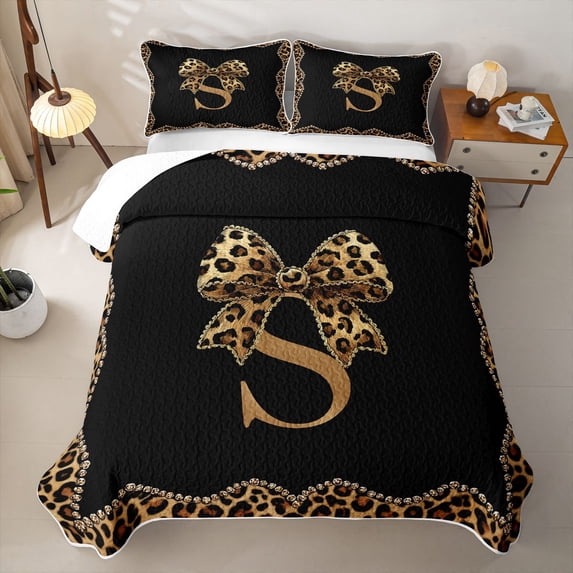 Erosebridal Cheetah Pattern Letter S Twin Quilt Set,Kids Leopard Printed Twin Coverlet Set For Bow Girls,2 Pieces