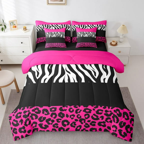 Erosebridal Cheetah Print Bed in a Bag Full size, Hot Pink Bed Set, Farmhouse Animal Decor, Reversible 7 Pieces