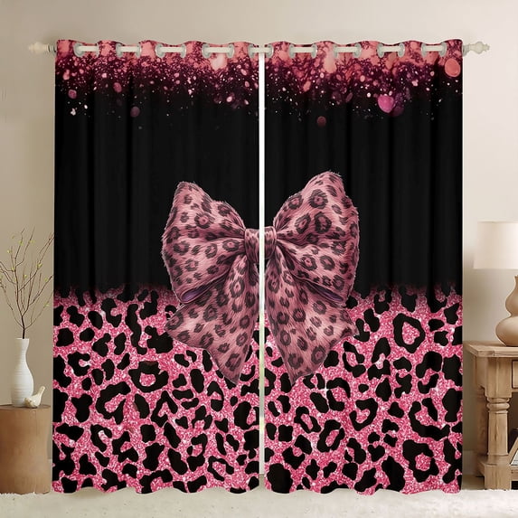 Erosebridal Cheetah Print Bowtie Blackout Curtains Set of 2 (52x84 Each) for Girls Women ,Teens Bling Glitter Print Window Curtains,Microfiber Bedroom Decor