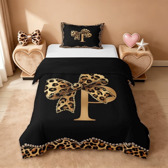 Erosebridal Cheetah Print Bowtie Twin Bedding For Women Girls,Letter P Monogrammed Duvet Cover Set For Kids,Reversible black,2pcs(No Comforter)