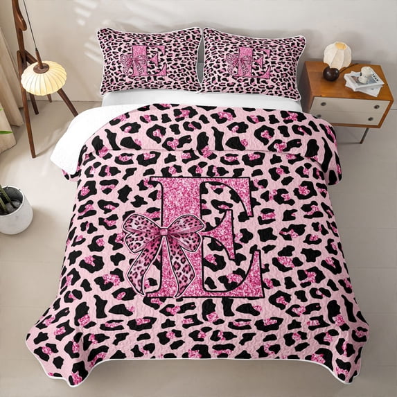 Erosebridal Cheetah Print E Letter Boys Girls Twin Quilt Set, Princess Pink Bow Twin Coverlet Set, 2-Piece