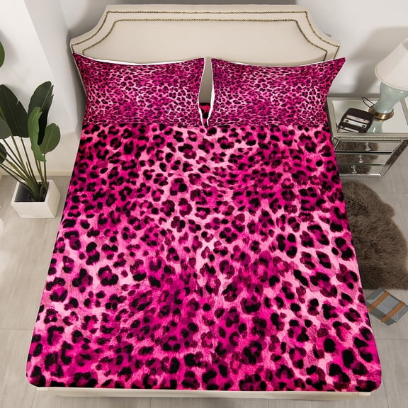 Erosebridal Cheetah Print Fitted Sheet Set Full, Deep Pink Bedding Full Size, Rustic Leopard Fitted Sheet Full, Ultra Soft Bedroom Decorative, 3-Piece(No Top Sheet)