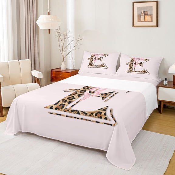 Erosebridal Cheetah Print Letter Monogrammed E Queen Sheet Sets 4 Pieces For Teens,Girls Pink Bow Knot Bed Set,Lightweight Room Decor