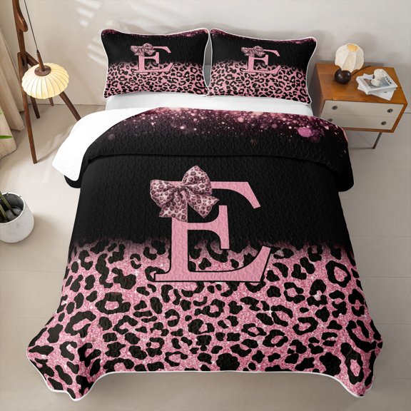Erosebridal Cheetah Print Lovers Bed Spread Queen For Girls Women,Letter E Monogrammed Queen Coverlet Set For Kids,3pcs