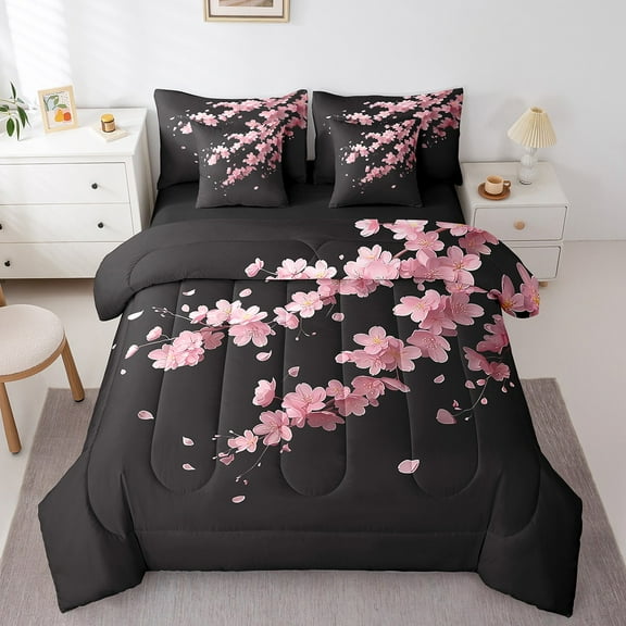 Erosebridal Cherry Blossom Bed in a Bag Full size,Pink Sakura Bed Set,Floral Flower Bedding Full Size,Super Cozy Botanical Room Decor,Reversible,7pcs