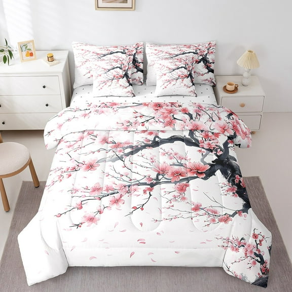 Erosebridal Cherry Blossom Bedding Queen Size,Tree Branches Comforter Sets with Sheets,Japanese Style Bedding Sets Queen Size,Lightweight Sakura Bedroom Decoration,Reversible,7 Pieces