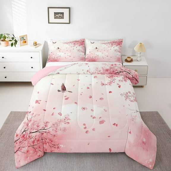 Erosebridal Cherry Blossom Bedding Sets Full with Comforter,Spring Garden Duvet Insert,Sakura Room Decorative,Reversible,3pcs