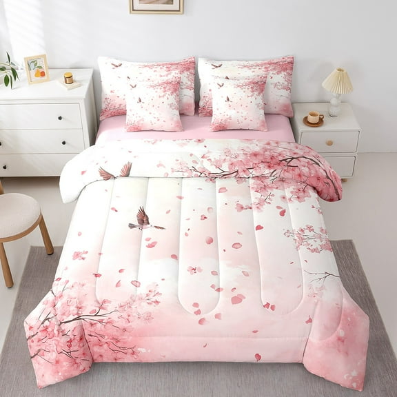 Erosebridal Cherry Blossom Bedding Sets Twin Size,Spring Garden Comforter Sets with Sheets,Sakura Room Decorative,Reversible,Breathable,7-Piece