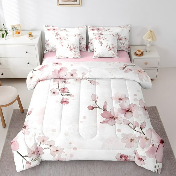 Erosebridal Cherry Blossom Sakura Bedding Sets Twin Size,Japanese Style Comforter Sets with Sheets,Floral Decoration,Reversible,Breathable,7-Piece