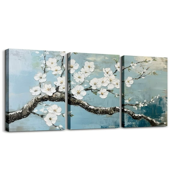 Erosebridal Cherry Blossoms 3 Piece Canvas Wall Art 12"x16"x3pcs Floral Botanical Office Wall Decorations Artwork Posters Branches Bathroom Wall Art Light Blue Wall Painting Room Decor