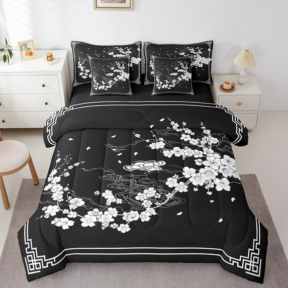 Erosebridal Cherry Blossoms Bedding Sets Twin Size,Black White Comforter Sets with Sheets,Japanese Style Bed in a Bag Twin size,Microfiber Floral Bedroom Decorative,Reversible,7pcs