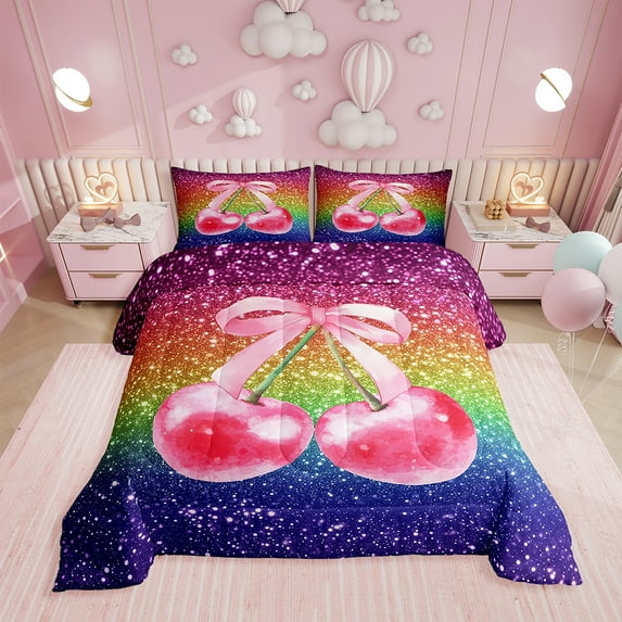 Erosebridal Cherry Bowknot Queen Comforter Set,Cute Cherry Bedding Set,Watercolor Bow Down Comforter,Galaxy Stars Reversible Bed Set with 2 Pillowcases Lightweight