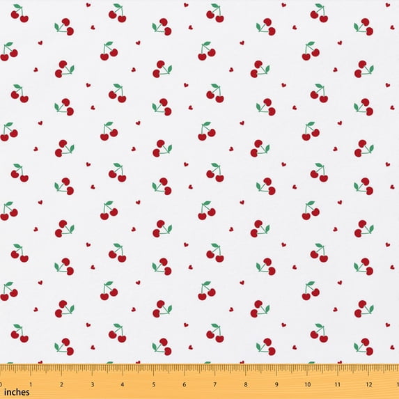 Erosebridal Cherry Fruit Fabric by the Yard 1 Yard Red Cherry Home Decor Fabric by the Yard, White