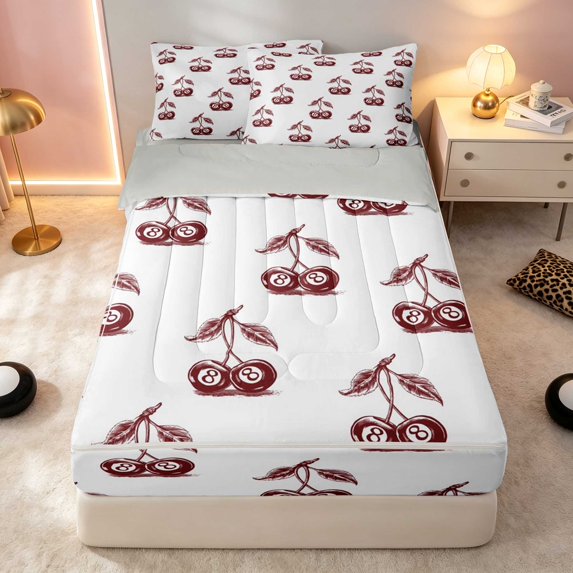 Erosebridal Cherry Zipper Queen Comforter Set with Fitted Sheet and 2 Pillowcases Crimson Zipper Bedding Set, Crimson Cherry, Gray Reversible