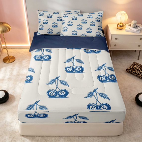 Erosebridal Cherry Zipper Queen Comforter Set with Fitted Sheet and 2 Pillowcases Sky Zipper Bedding Set, Sky Cherry, Navy Reversible