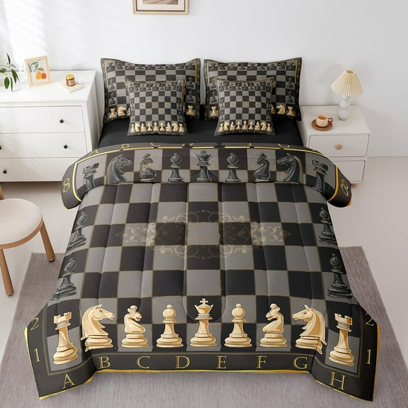 Erosebridal Chess Bedding Sets Twin Size for Teens, Square Geometric Comforter Sets with Sheets, Grey Brown Abstract Reversible Bedding Twin Size, Super Cozy Room Decorative, 7pcs