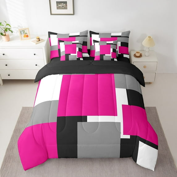 Erosebridal Chic Abstract Bedding Sets Full Size, Hot Pink Comforter Sets with Sheets, Rectangle Geometry Decor, Reversible 7-Piece