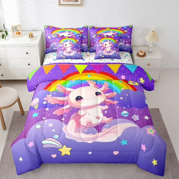 Erosebridal Chic Axolotl Bedding Sets Twin Size,Cartoon Rainbow Comforter Sets with Sheets,Multicolor Stars Bed in a Bag Twin Size For Girls,Breathable Room Decoration Reversible,7-Piece