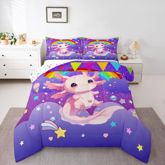 Erosebridal Chic Axolotl Bedding Twin Comforter Set,Cartoon Rainbow Down Comforter,Multicolor Stars Bedding Sets Twin with Comforter For Girls,Room Decoration Reversible,2 Pieces
