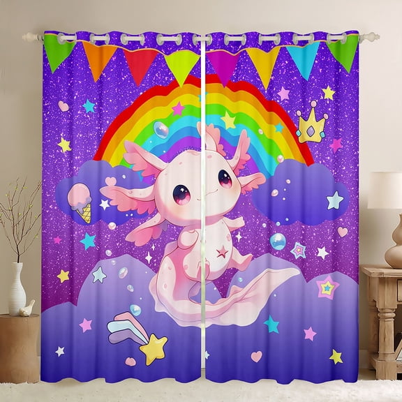Erosebridal Chic Axolotl Curtains for Living Room,Cartoon Rainbow Blackout Curtains Set of 2(38x45),Multicolor Stars Curtains and Drapes(38x45) For Girls,Breathable Room Decoration