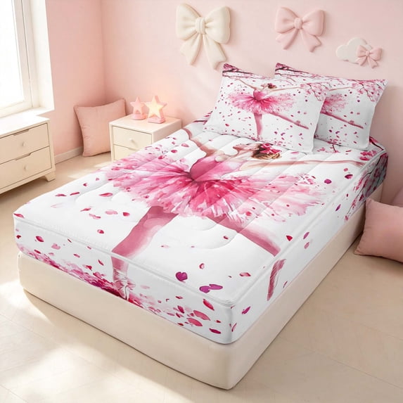 Erosebridal Chic Ballet Girl Zipper Queen Comforter Set with Fitted Sheet and 2 Pillowcases, Dance Princess Zipper Bedding Set, Reversible