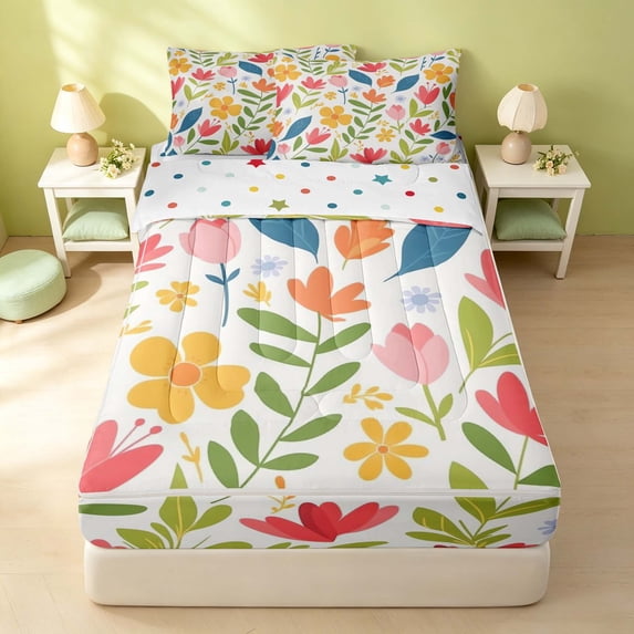 Erosebridal Chic Blossom Zipper Queen Comforter Set with Fitted Sheet and 2 Pillowcases, Colorful Floral Zipper Bedding Set, Polka Dots Reversible, Coral Yellow Teal, Polka Dots Reversible