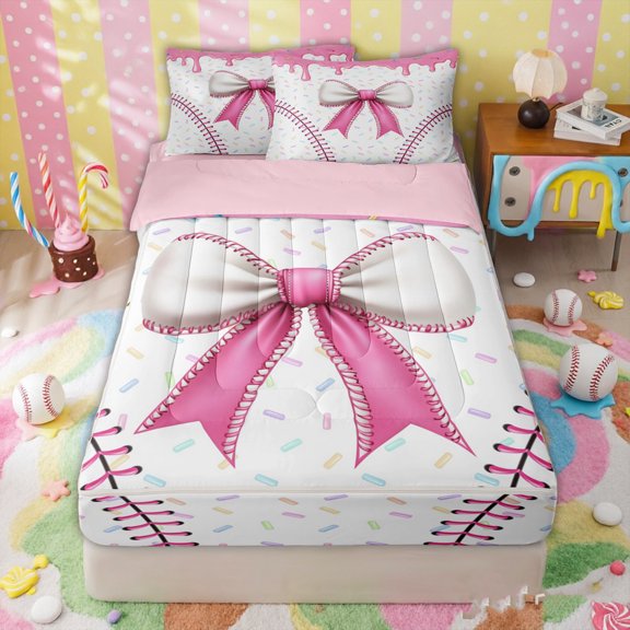 Erosebridal Chic Bow Baseball Zipper Twin Comforter Sets with Fitted Sheet and 2 Pillowcases for Girls, Candy Sprinkle Ice Cream Drip Zipper Bedding Set, Pink Reversible, 4-Piece