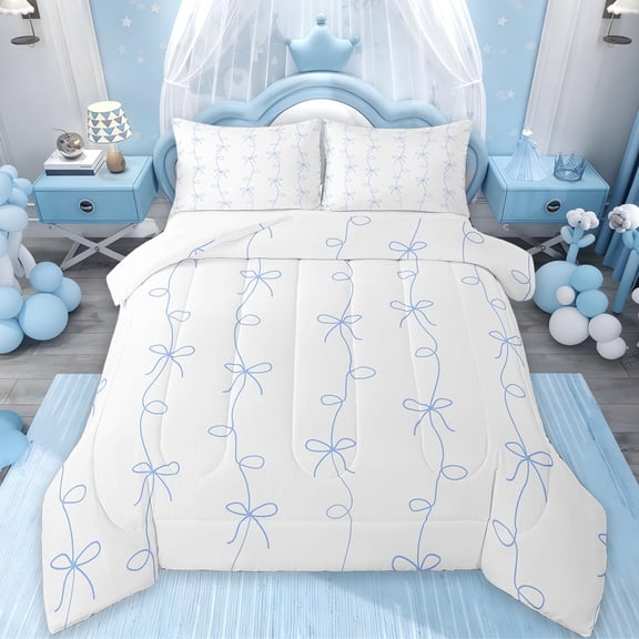 Erosebridal Chic Bow-Tie Comforter Sets Full Size,Line Pattern Comforters & Duvets,Lovely Blue White Bedding Full Comforter Set Breathable Bedroom Decoration,3-Piece