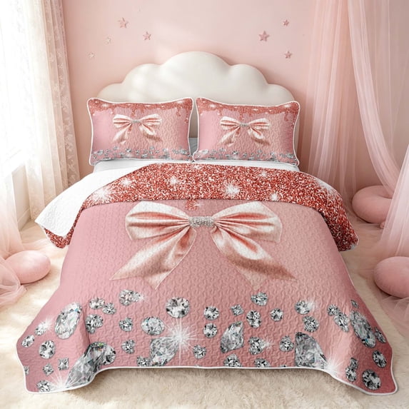 Erosebridal Chic Bow-Tie Twin Quilt Set, Girls Blings Print Twin Coverlet Set, Gray Reversible, Rose Gold Pink, 2-Piece (1 Bedspread and 1 Pillowcase)