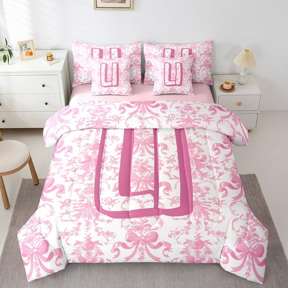 Erosebridal Chic Bowknot Bedding Sets Full Size,Monogrammed U Comforter Sets with Sheets,Retro Pink Floral Bed in a Bag Full Size For Girls,Super Cozy Room Decorative Reversible,7-Piece