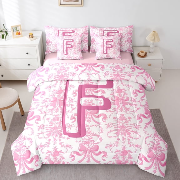 Erosebridal Chic Bowknot Bedding Twin Size,Monogrammed F Comforter Sets with Sheets,Retro Pink Floral Bedding Sets Twin Size For Girls,Super Cozy Room Decorative Reversible,7pcs