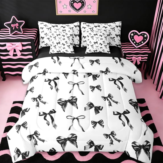 Erosebridal Chic Bowknot Ribbon 7 Pieces Bedding Comforter Set,Kawaii Cute Bowtie Full Bedding Set For Kids Girls,Black Reversible