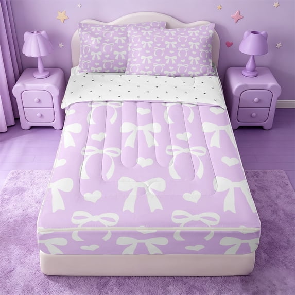 Erosebridal Chic Bowtie Print Zipper Full Size Comforter Sets with Fitted Sheet and 2 Pillowcases,Cartoon Hearts Zipper Bedding Set For Girls,Reversible,4pcs