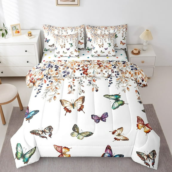 Erosebridal Chic Butterfly Bed in a Bag King size , Botanical Eucalyptus Bedding Sets, Microfiber 7pcs