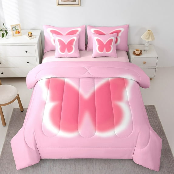 Erosebridal Chic Butterfly Bedding Twin Size, Pink Comforter Sets with Sheets, Aesthetic Duvet Set, Microfiber Bedroom Decorative, Reversible 7-Piece