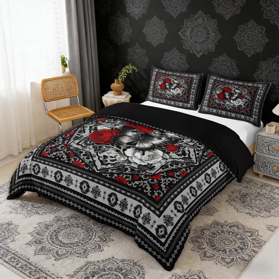 Erosebridal Chic Butterfly Duvet Cover Set, Bohemian Aztec Mandala Bedding Full, Black Gray Red, Black Reversible 3pcs, 1 Duvet Cover and 2 Pillowcases (No Comforter)