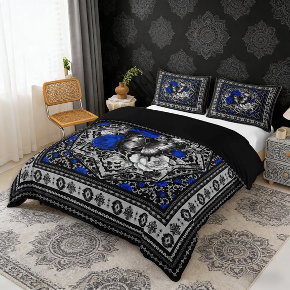 Erosebridal Chic Butterfly Queen Duvet Cover Set, Bohemian Aztec Mandala Bedding, Black Gray Blue, Black Reversible 3pcs, 1 Duvet Cover and 2 Pillowcases (No Comforter)