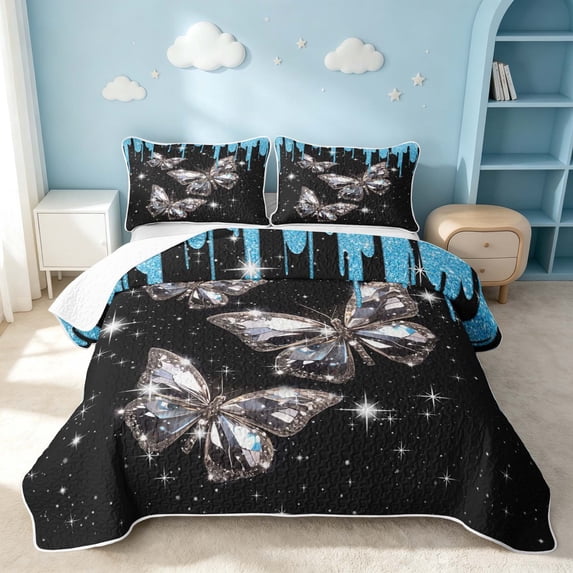 Erosebridal Chic Butterfly Quilt Full, Kawaii Animal Full Bedspread Sets, Black Reversible, Blue Silver, 3 Pieces (1 Coverlet and 2 Pillowcases)
