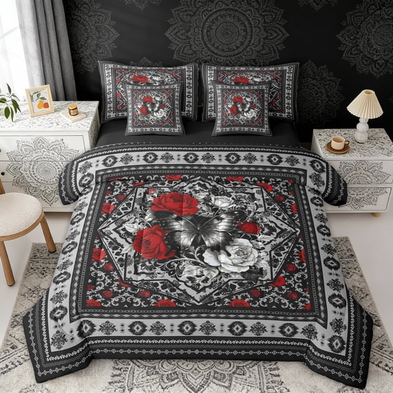 Erosebridal Chic Butterfly Twin Bedding Sets, Bohemian Aztec Mandala Bedding Comforter Set, Black Gray Red, Black Reversible 7 Pieces
