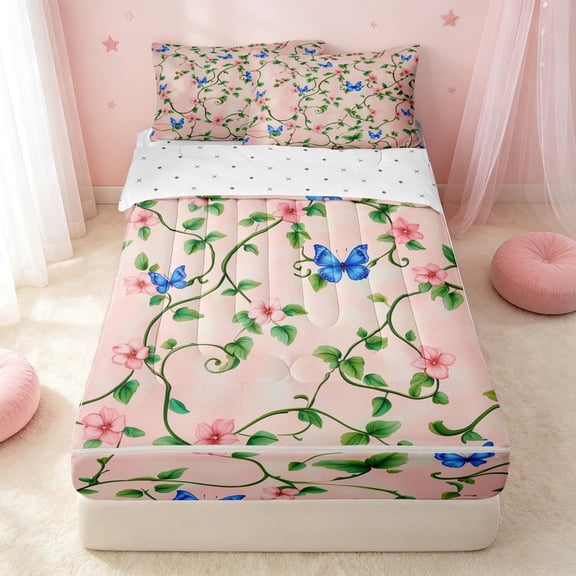 Erosebridal Chic Butterfly Zipper Full Size Comforter Sets with Fitted Sheet and 2 Pillowcases, Kawaii Floral Zipper Bedding Set, Reversible, Pink Green Blue, Reversible