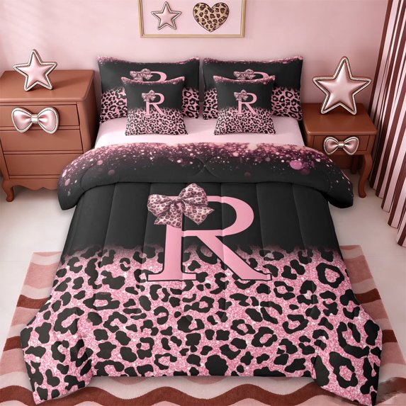 Erosebridal Chic Cheetah Pattern 7-Piece Twin Bedding Sets,Pink Glitter Print Bowknot Letter R Bedding Comforter Set For Girls Kids,Reversible pink