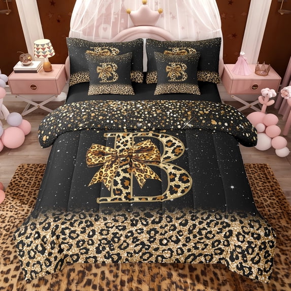 Erosebridal Chic Cheetah Print Bedding Comforter Set, Personalized Initial B Full Bedding Set, Black Brown, Black Reversible 7 Pieces