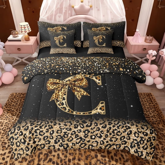 Erosebridal Chic Cheetah Print Bedding Comforter Set, Personalized Initial C Queen Bedding Sets, Black Brown, Black Reversible 7-Piece