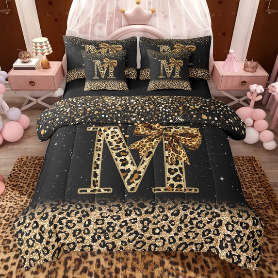 Erosebridal Chic Cheetah Print Bedding Comforter Set, Personalized Initial M Full Bedding Set, Black Brown, Black Reversible 7pcs