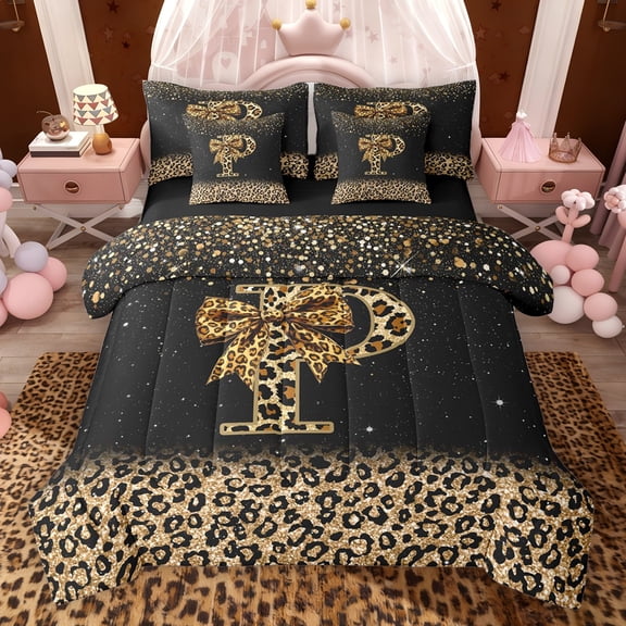 Erosebridal Chic Cheetah Print Bedding Comforter Set, Personalized Initial P Queen Bedding Sets, Black Brown, Black Reversible 7pcs