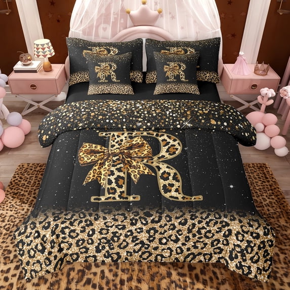 Erosebridal Chic Cheetah Print Bedding Comforter Set, Personalized Initial R Queen Bedding Sets, Black Brown, Black Reversible 7-Piece